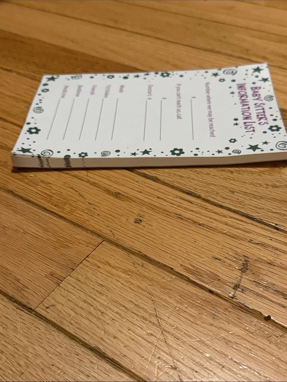 Baby Sitter's Information List Notepad - Purple & Gray
